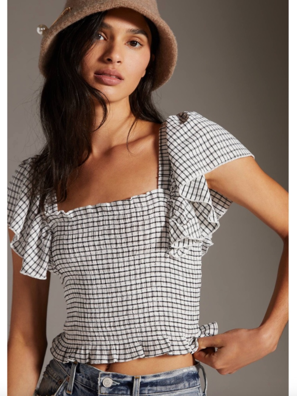 Maeve By Anthropologie  Crinkle Gingham Smocked Top